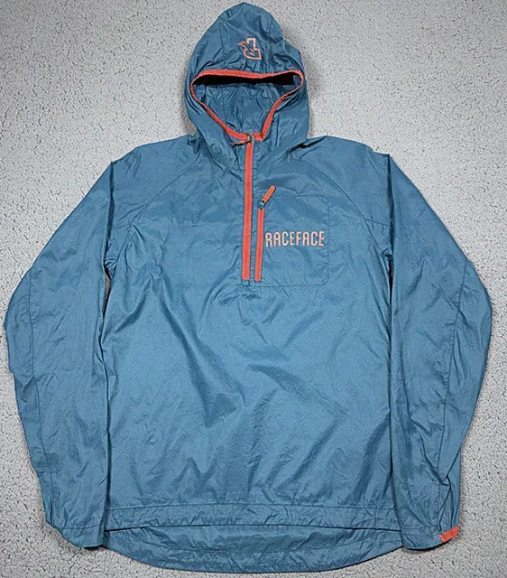 RaceFace Wind Jacket Mens Medium Blue Hooded Nylon Cycling 1/4 Zip MTB Bike